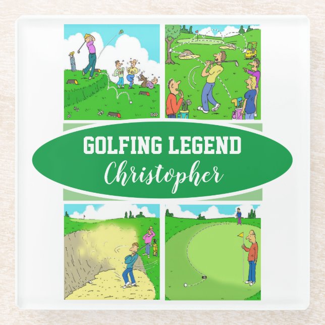 Golf Legend with 4 Funny Cartoons Golf Glass Coaster (Front)