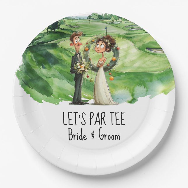 Golf Let’s Par tee with bride & Groom on course Paper Plate (Front)