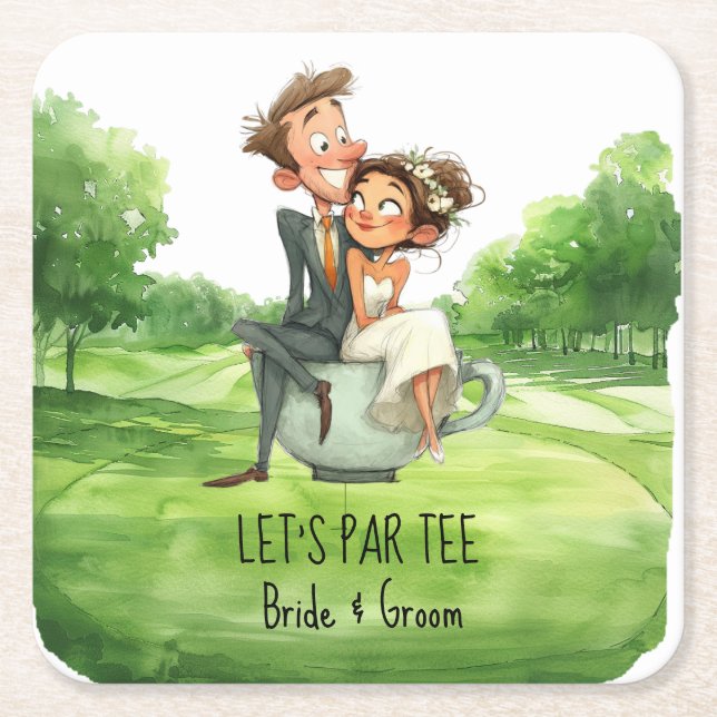 Golf Let’s Par tee with bride & Groom on course Square Paper Coaster (Front)