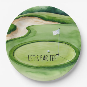Golf Let’s Par tee with golf flag on green  Paper Plate