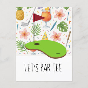 Golf Let’s Par tee with golf flag on green white Invitation Postcard