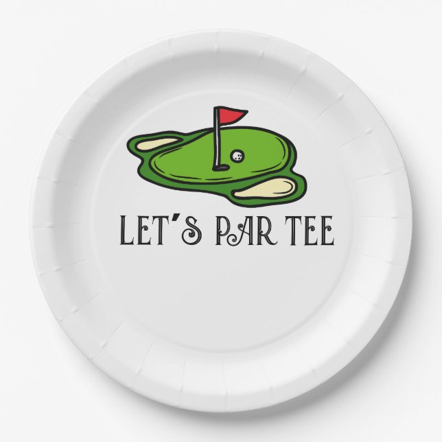 Golf Let’s Par tee with golf flag on green white  Paper Plate (Front)