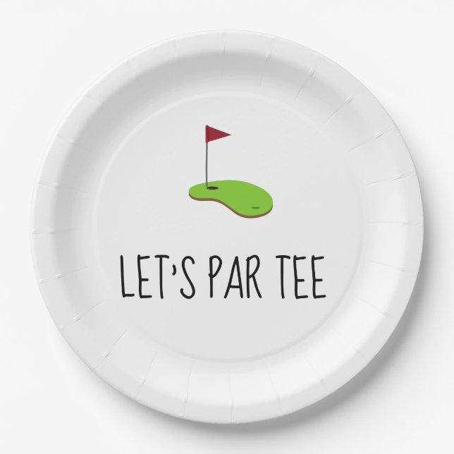 Golf Let’s Par tee with golf flag on green white  Paper Plate (Front)