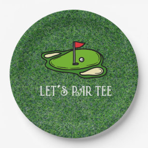 Golf Let’s Par tee with golf flag on green white  Paper Plate