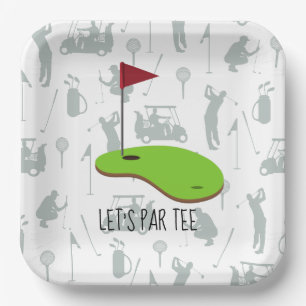 Golf Let’s Par tee with golf flag on green white  Paper Plate