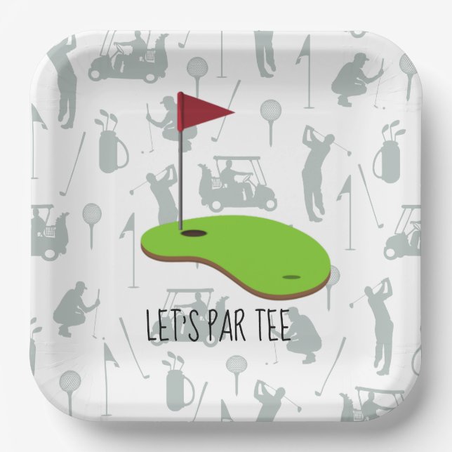 Golf Let’s Par tee with golf flag on green white  Paper Plate (Front)