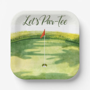 Golf Let’s Par tee with golf flag on green white Paper Plate