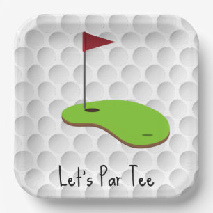 Golf Let’s Par tee with golf flag on green white  Paper Plate
