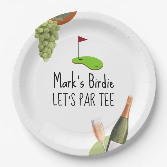 Golf Let’s Par tee with golf flag on green white  Paper Plate (Front)