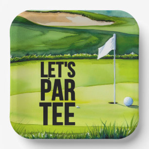 Golf Let’s Par tee with golf flag on green white  Paper Plate