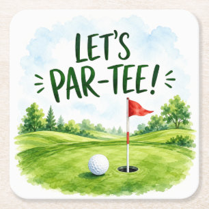 Golf Let’s Par tee with golf flag on green white  Square Paper Coaster