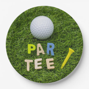 Golf let's par tee with golf ball and tee on green paper plate