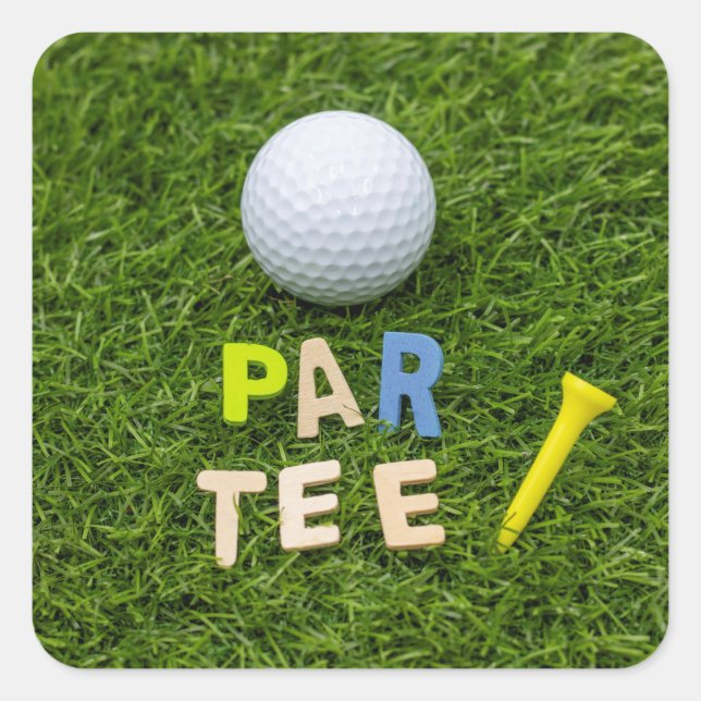 Golf let's par tee with golf ball and tee on green square sticker (Front)