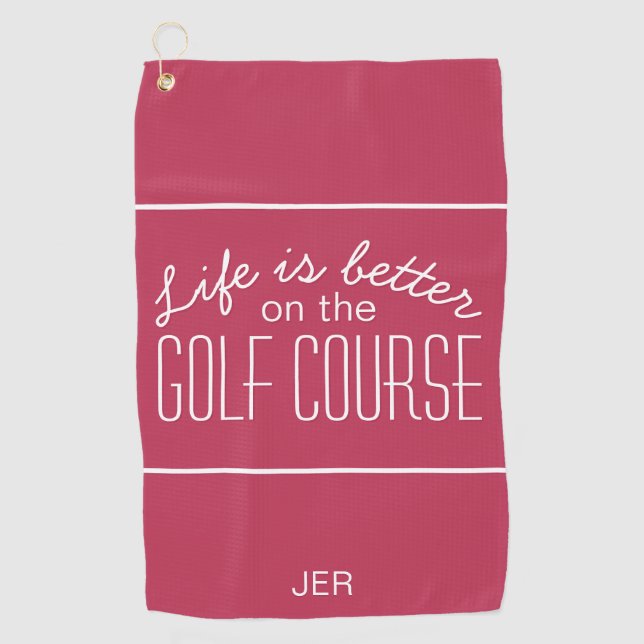 Golf Life Monogrammed Modern Golfer Magenta Red Golf Towel (Front)