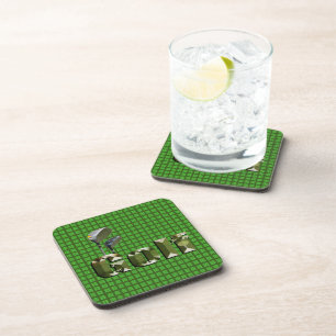 Golf Logo And Clubs On Green Checked Tartan, Coaster