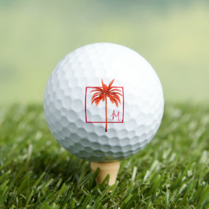 Golf Lover Palm Tree Modern Red Tropical Initial Balls