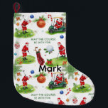 Golf May the course be with you with Santa  Large Christmas Stocking<br><div class="desc">Bring festive golf cheer to your holiday décor with this playful Christmas stocking! Featuring Santa Claus golfing on a lush green course, swinging his club, riding a golf cart, and surrounded by golf balls, golf bags, and cheerful Christmas decorations like ornaments, candy canes, and holly. The fun text “May the...</div>