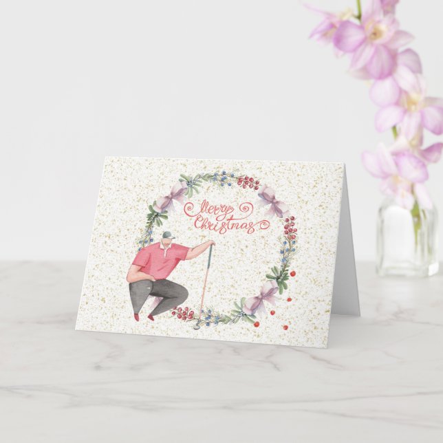 Golf Merry Christmas Gofer with Christmas wreath  Card (Orchid)