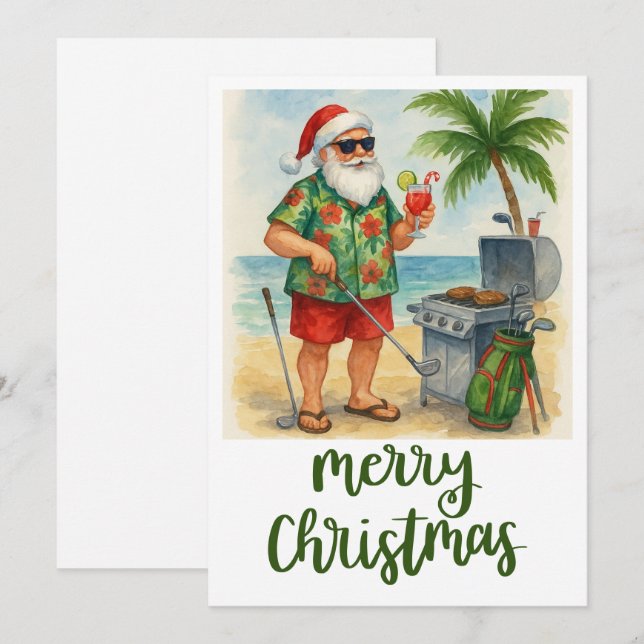 Golf Merry Christmas Santa Golfer Beach themed  Holiday Card (Front/Back)