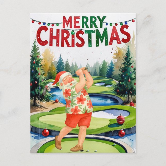 Golf Merry Christmas Santa Golfer Beach Themed  Holiday Postcard (Front)