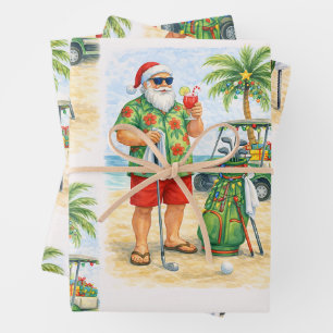 Golf Merry Christmas Santa Golfer Beach themed Wrapping Paper Sheet