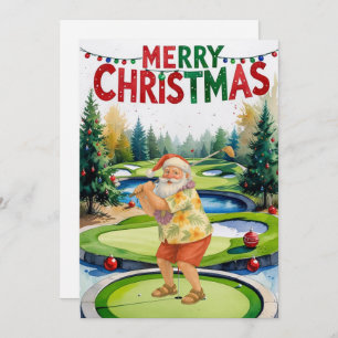 Golf Merry Christmas Santa golfing on course Holiday Card