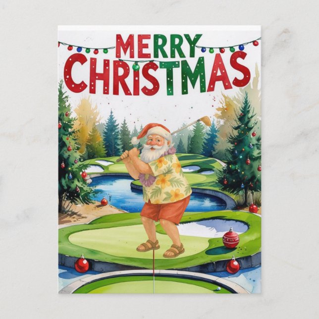 Golf Merry Christmas Santa golfing on course  Holiday Postcard (Front)