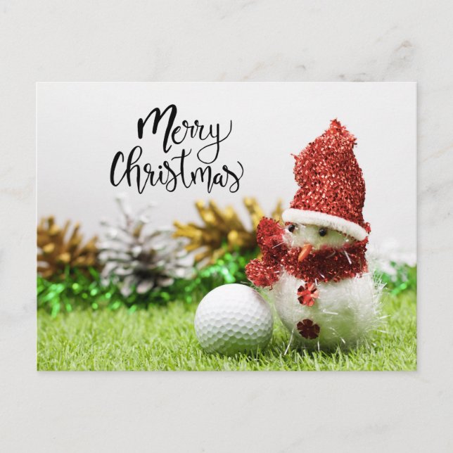 Golf Merry Christmas with ball and Snowman Postcard (Front)