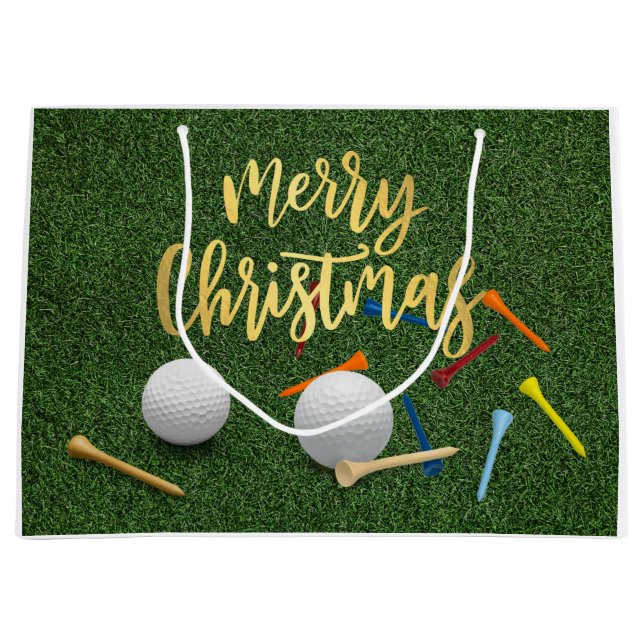 Golf  Merry Christmas with golf ball and tee   Large Gift Bag (Front)