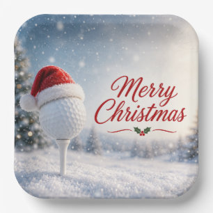 Golf Merry Christmas with Golf ball with Santa Hat Paper Plate