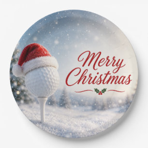 Golf Merry Christmas with Golf ball with Santa Hat Paper Plate