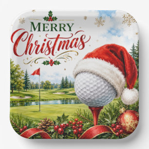 Golf Merry Christmas with Golf ball with Santa Hat Paper Plate
