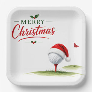 Golf Merry Christmas with Golf ball with Santa Hat Paper Plate