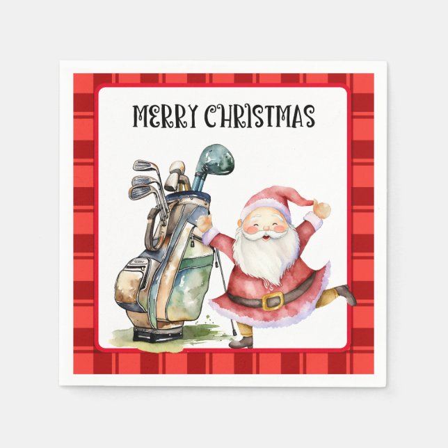 Golf Merry Christmas with Santa Claus and golf bag Napkin (Front)