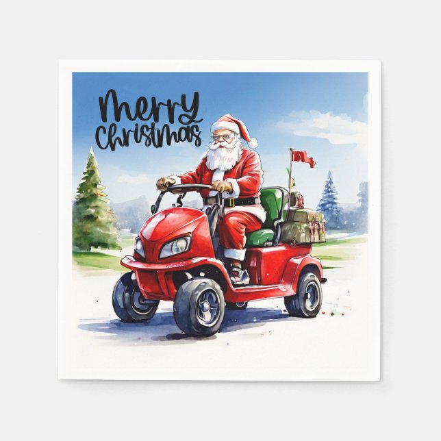 Golf Merry Christmas with Santa Claus and red cart Napkin (Front)
