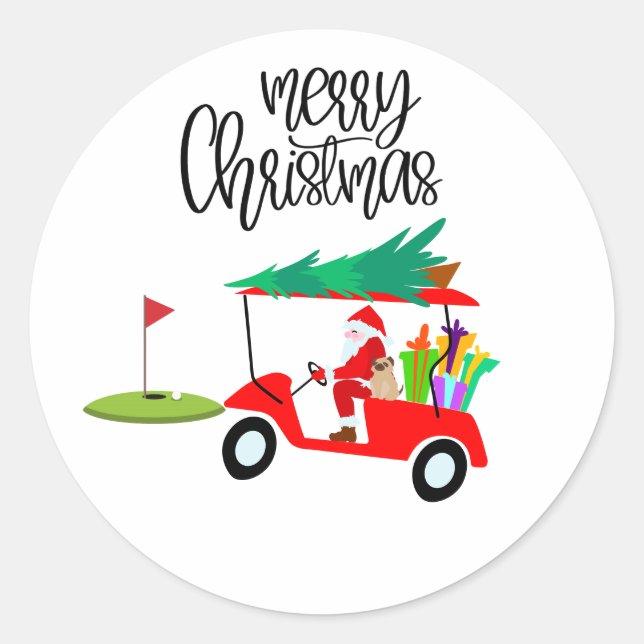 Golf Merry Christmas with Santa Claus at flag  Classic Round Sticker (Front)