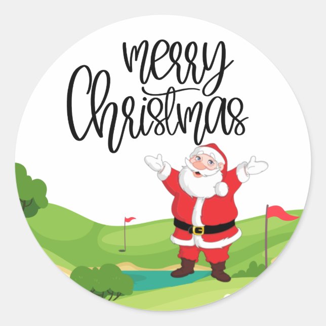 Golf Merry Christmas with Santa Claus at flag   Classic Round Sticker (Front)