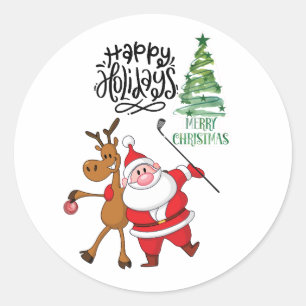 Golf Merry Christmas with Santa Claus at flag  Classic Round Sticker