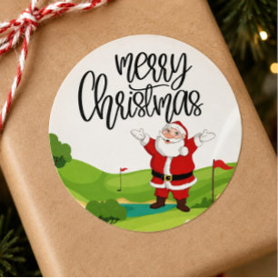 Golf Merry Christmas with Santa Claus at flag Classic Round Sticker