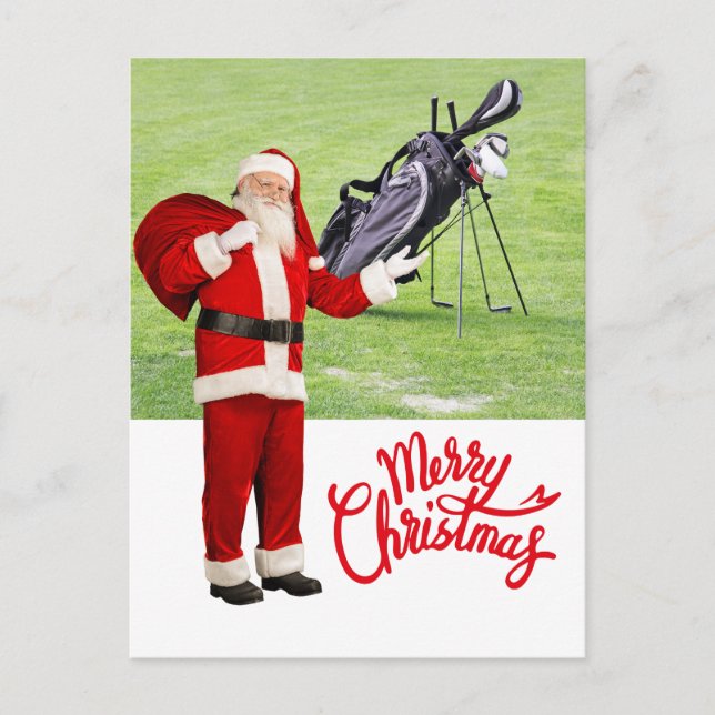 Golf Merry Christmas with Santa Claus at flag  Holiday Postcard (Front)