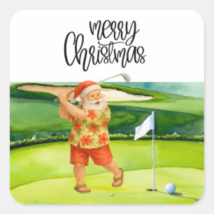 Golf Merry Christmas with Santa Claus at flag  Square Sticker
