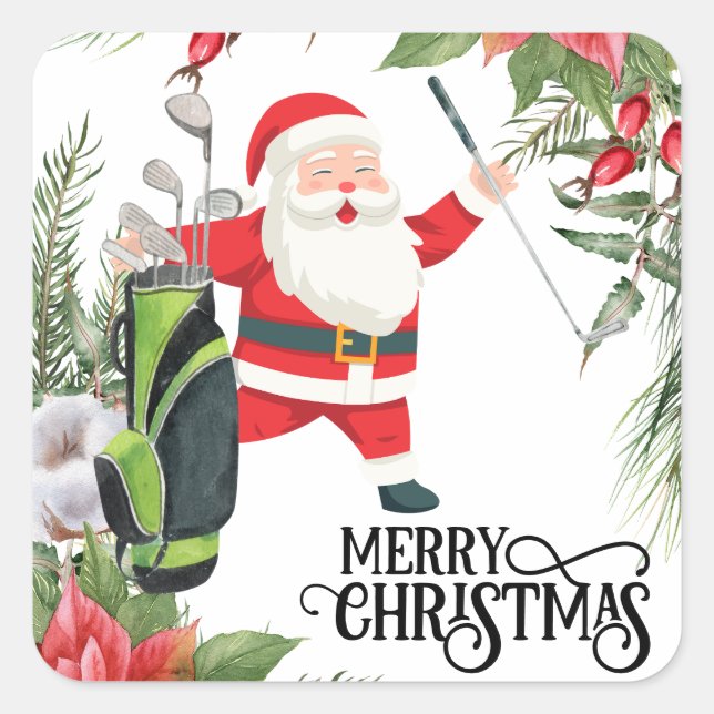 Golf Merry Christmas with Santa Claus golfing  Square Sticker (Front)