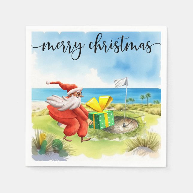 Golf Merry Christmas with Santa Claus Napkin (Front)
