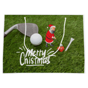 Golf Merry Christmas with Santa Claus on green  Large Gift Bag