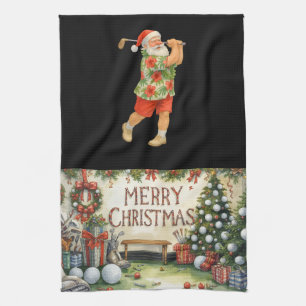 Golf Merry Christmas with Santa Golfing Tea Towel