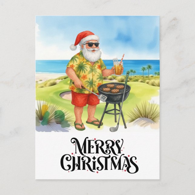 Golf Merry Christmas with Santa Hat on green  Holiday Postcard (Front)