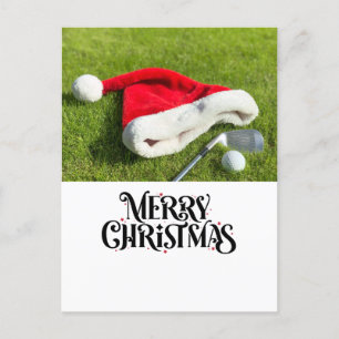 Golf Merry Christmas with Santa Hat on green Holiday Postcard