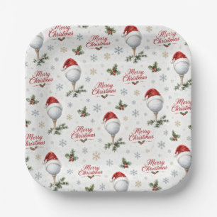 Golf Merry Christmas with Santa Hat Paper Plate