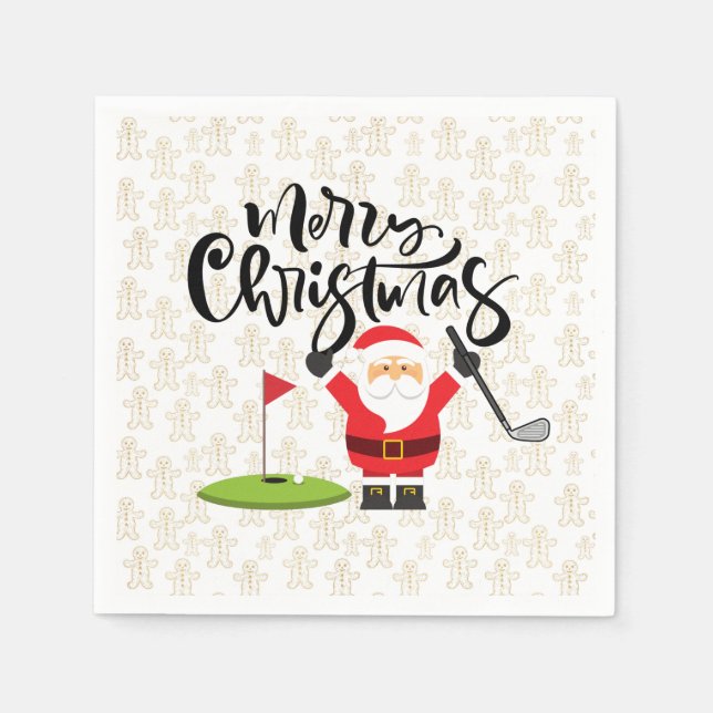 Golf Merry Christmas with Santa  on gold ginger Napkin (Front)