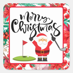 Golf Merry Christmas with Santa playing golfer   Square Sticker